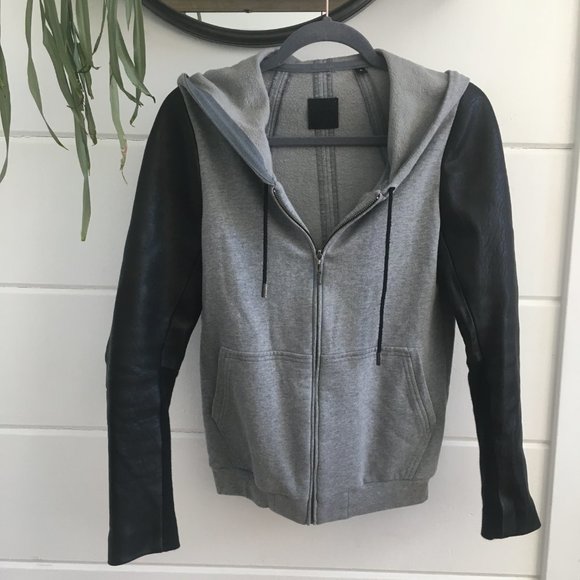 FRANCIS LEON gray Black Leather Sleeve zip up sweatshirt Hoodie Jacket 0 XS - Picture 1 of 7